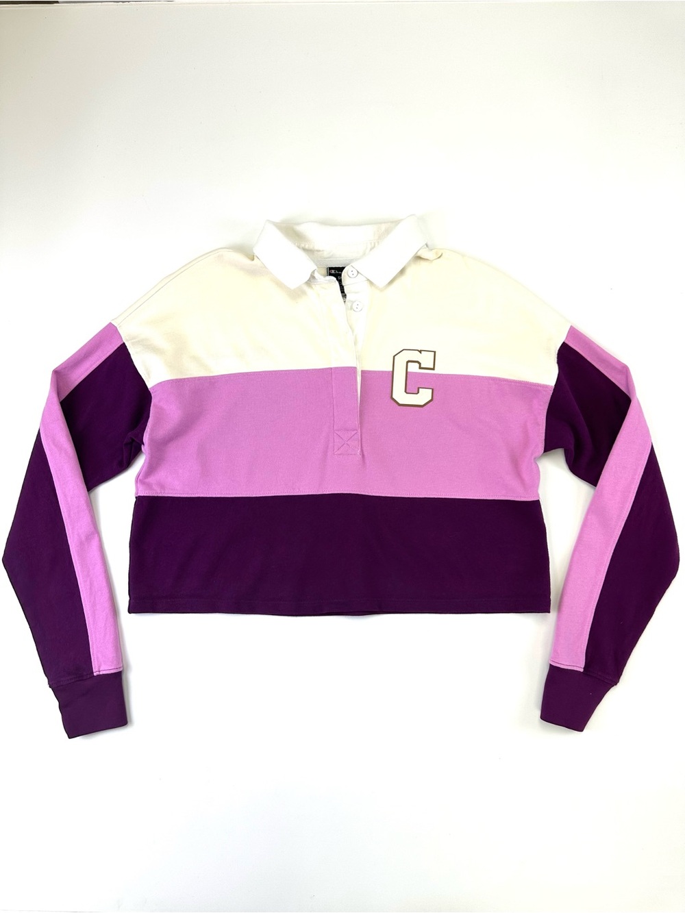 Champion Cropped Rugby Shirt Womens Small Colorblock Cotton Collegiate Varsity